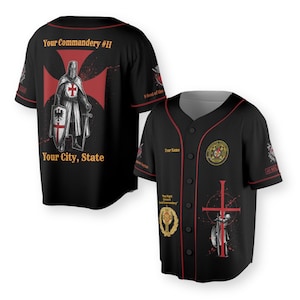 May include: Black baseball jersey with red trim and button closure. The jersey features a knight graphic with a red cross and the text "Your Commandery #II" and "Your City, State". The front has a knight graphic and the text "Your Name".