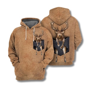 Deer Pocket Hoodie, 3D Buck Deer Illusion Pullover, Hunting Wildlife Hooded Sweatshirt