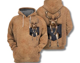 Deer Pocket Hoodie, 3D Buck Deer Illusion Pullover, Jakttröja med luva och viltmotiv