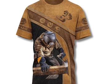 Camiseta de soldador personalizada de cuero marrón, camiseta gráfica de soldador