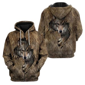Sweat à capuche zippé Loup, Sweat-shirt animal à effet déchiré 3D, Cadeau pour les amoureux de la faune