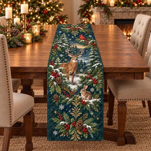 Pode incluir: Um caminho de mesa acolchoado retangular com fundo verde escuro e uma cena de floresta de inverno. O design inclui um veado castanho, um pequeno coelho, pinheiros, bagas vermelhas, pinhas, flocos de neve e um pássaro cardeal vermelho.