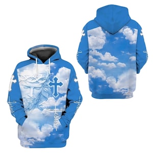 Jesus Kristus Kors Hoodie, Blå Himmel Kristen Tro Heltäckande Tryckt Tröja