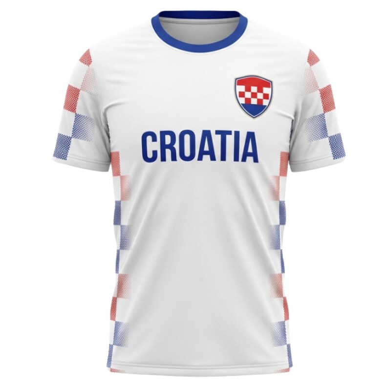 May include: White Croatia soccer jersey with blue trim on the collar and sleeves. The word "CROATIA" is printed in blue across the chest. The Croatian coat of arms is on the upper left chest, and red and blue checkered patterns are on the sleeves.