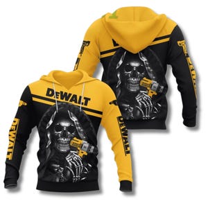 May include: Black and yellow hoodie with the word "DeWALT" across the chest. The hoodie features a graphic of a skull holding a yellow drill. The sleeves have the word "DeWALT" printed vertically.