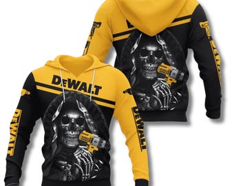 Sudadera con capucha DeWalt Skull amarilla y negra con la Parca en 3D y taladro eléctrico. Sudadera unisex. Ideal para trabajadores de la construcción y amantes de las herramientas.