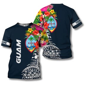 Guam Shirt, Hoodie, or Zip Hoodie – Custom Name – Floral Tropical Flag Design with Polynesian Tribal Pattern