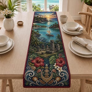 May include: A rectangular table runner featuring a tropical coastal scene with a sailboat, stone statues, and vibrant red hibiscus flowers. The design includes intricate scrollwork, seashells, and a central geometric motif with a deep red border.