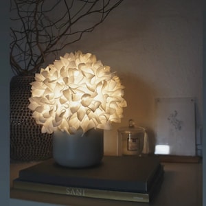 Può includere: Una lampada da tavolo in ceramica bianca con un'unica forma a fiore. La lampada è accesa e proietta una luce calda. La lampada è appoggiata su un libro nero con la parola "SANI" stampata sul dorso.