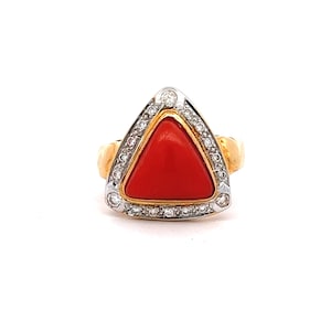 18K Yellow Gold Ring With Natural Diamond & Coral Gemstone Astrology Solid Gold Ring Powerful Band