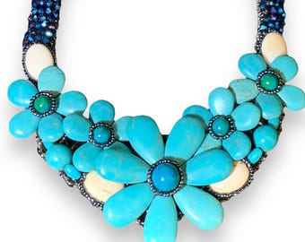 Handmade Choker 20" Fancy Turquoise & Hametite Beads Floral Bib Necklace