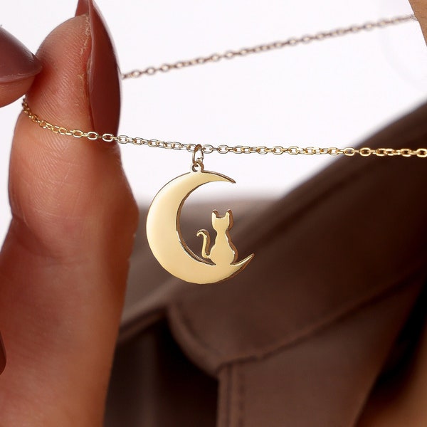 Cat Moon Necklace | Gold Cat Necklace | Cat Jewelry | Cat Lover's Gift |  Moon Charm | Handmade Jewelry | Gift For Her | Cat Memorial Gift