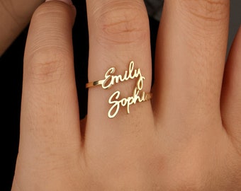 Doppelter Namensring, Individueller Namensring, Gold Namensring, personalisierter Namensring, personalisierter Schmuck, Geburtstag, Geschenk für Sie | Weihnachtsgeschenk