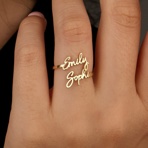 Anillo de doble nombre, anillo de nombre personalizado, anillo de nombre de oro, anillo de nombre personalizado, joyería personalizada, cumpleaños, regalo para ella / regalo de Navidad