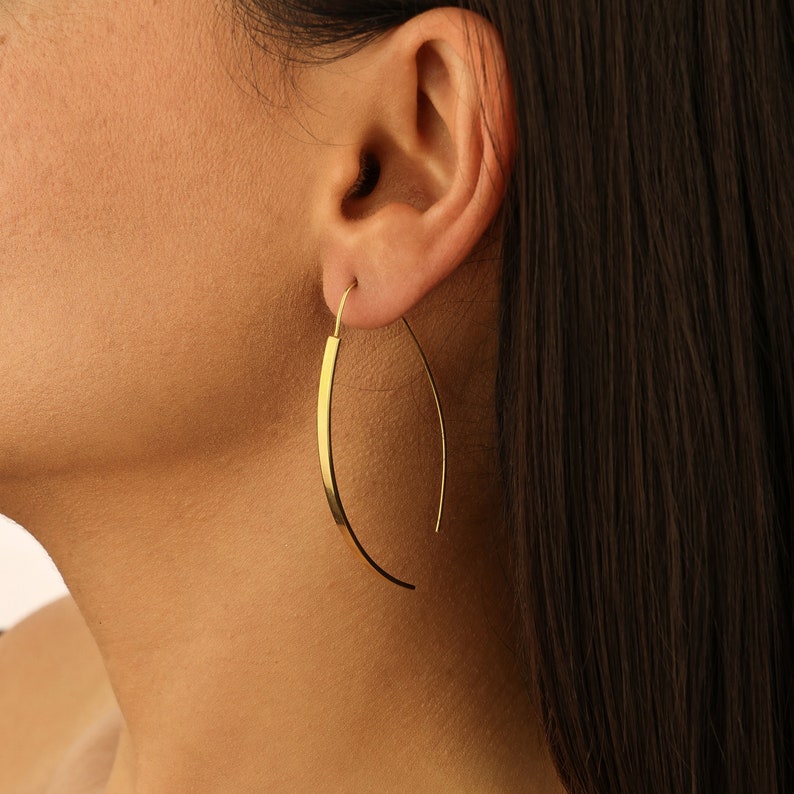 18k Gold Threader Earrings, Open Hoop Earrings, Simple & Lightweight Dangle Earrings, Boho Jewelry, Minimalist Jewelry, Mother's Day Gift imagem 3