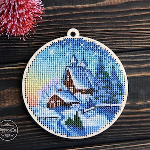 Christmas ornament cross stitch on wood kit, Xmas bauble with night winter church design, DIY x-stitch hanging toy, Christmas tree decor