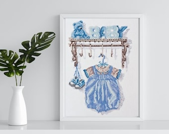 Baby boy birth cross stitch kit, nursery dekor x-stitch pattern, baby shower needlepoint kit