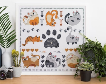 Cat Sampler Cross Stitch Kit, Funny Kitty X-Stitch Pattern for Beginners, DIY Needlepoint Kit with 14 Count Aida