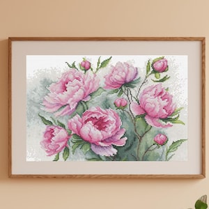 Blooming Peonies cross stitch kit, pink spring flowers x-stitch pattern, garden bouquet needlepoint kit, DIY adult hobby craft