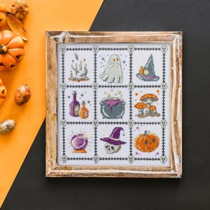 Halloween Sampler Cross Stitch Kit, Beginner Friendly Witchy X-Stitch Pattern, Spooky Needlepoint Kit