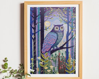 Owl at night forest cross stitch kit, woodland animal in wildflowers x-stitch pattern, nature landscape needlepoint kit