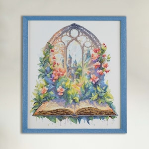 Fairy tale castle cross stitch kit, fantasy book x-stitch pattern, floral storybook needlepoint kit