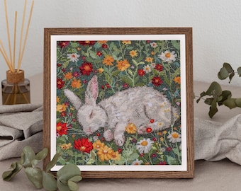 Kit de point de croix Lapin endormi en fleurs, kit de point de croix lapin de Pâques, kit de broderie lièvre dans un paysage d'été