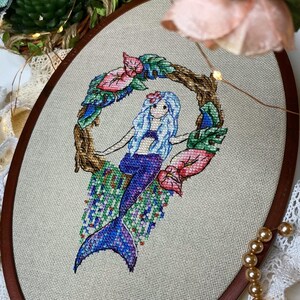Kit de point de croix sirène, motif de point de croix princesse de l'océan, travaux d'aiguille de tissu de fille de fantaisie, ensemble de broderie de vie de mer de conte de fées, art de pépinière