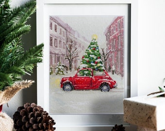 Vintage Red Car and Christmas Tree cross stitch kit, Xmas spirit needlepoint kit, winter holiday cityscape counted cross stitch set
