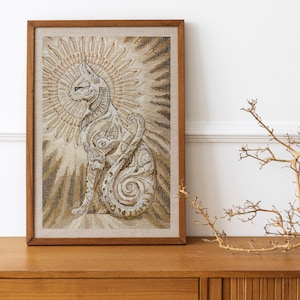Bastet Cat cross stitch kit, Ancient Egypt goddess design, mystical sun & sphynx x-stitch pattern, feline mythology needlepoint kit