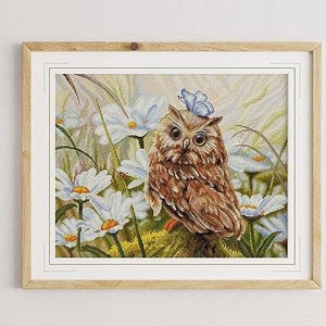 Owl & butterfly cross stitch kit, cute night bird in daisy flowers design, floral x-stitch pattern, fairy tale forest animal needlepoint kit