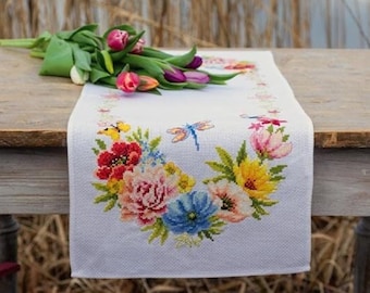 Table cloth cross stitch kit, table runner DIY, Summer flowers & butterflies needlepoint kit, kitchen decor, Vervaco «Colourful flowers» set