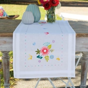 Table runner & table cloth satin stitch kit, Vervaco «Spring flowers and butterflies» hand embroidery DIY set, kitchen decor needlepoint kit