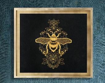 Golden Insect Cross stitch kit, Dragonfly counted cross stitch kit, Bee cross stitch pattern, Gold Beetle Needlework kit