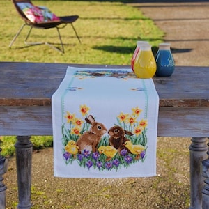 Easter bunny & chicks cross stitch kit, table runner making set, x-stitch spring flowers tablecloth, needlepoint table decor