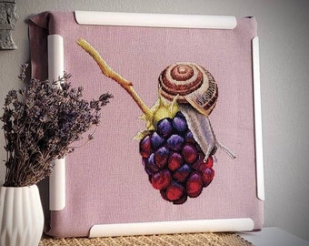 Snail with berries cross stitch kit, garden animal x-stitch pattern, blackberry needlepoint kit