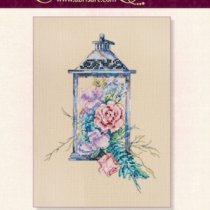 Lantern cross stitch kit, flowers bouquet x-stitch pattern, old lamp counted cross stitch, watercolor roses needlecraft kit