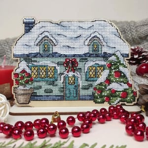 Winter house cross stitch on wood kit, DIY Christmas stitchable decor, Xmas holidays x-stitch decoration, wooden cottage with Xmas Tree