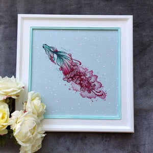 Koi fish cross stitch kit, floral sea animal x-stitch pattern, watercolor fish needlepoint kit