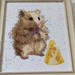 Hamster with cheese cross stitch kit, DIY cute pet counted x-stitch design, mouse cross stitch pattern, modern cross stitch