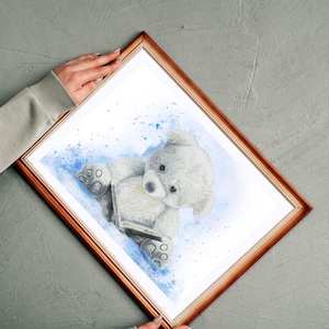 Teddy bear reading cross stitch kit, cute plush animal x-stitch pattern, white cartoon baby bear needlepoint kit