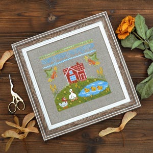Kit de punto de cruz de casa de campo junto al estanque, diseño de punto de cruz de pueblo de verano, bordado de pato y patito, muestrario rústico cuadrado para arte de pared DIY