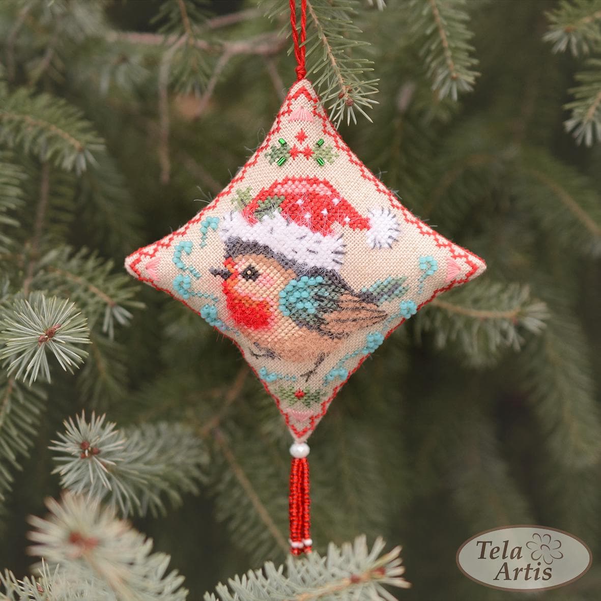 Christmas Bullfinch Mini Cross Stitch Kit, Robin Pincushion X