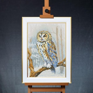 Tawny Owl Cross Stitch Kit, Night Animal in Winter Forest X-Stitch Pattern, Woodland Bird Needlepoint Kit
