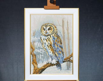Tawny Owl Cross Stitch Kit, Night Animal in Winter Forest X-Stitch Pattern, Woodland Bird Needlepoint Kit