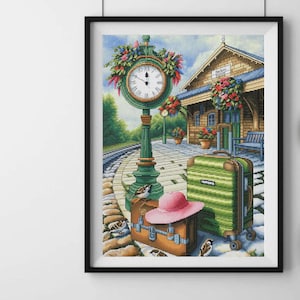 Adventure cross stitch kit, luggage on railway station x-stitch pattern, cartoon clock & hat design, woman travel needlepoint kit