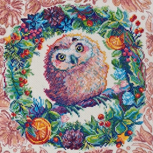 Baby owl cross stitch kit, watercolor owl x-stitch pattern, bird in flowers needlepoint kit, counted cross stitch