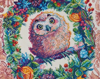 Baby owl cross stitch kit, watercolor owl x-stitch pattern, bird in flowers needlepoint kit, counted cross stitch