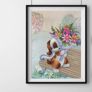 Welpe mit Blumenstrauß Kreuzstichpackung, niedlicher Cartoon Hund auf Bank Stickmuster, Märchentier im Sommerpark Design