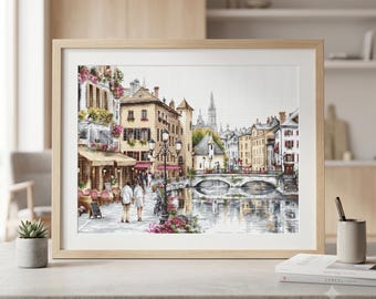 Lake Annecy counted cross stitch kit, France landscape x-stitch pattern, old houses needlepoint kit, french town with bridge needlework set